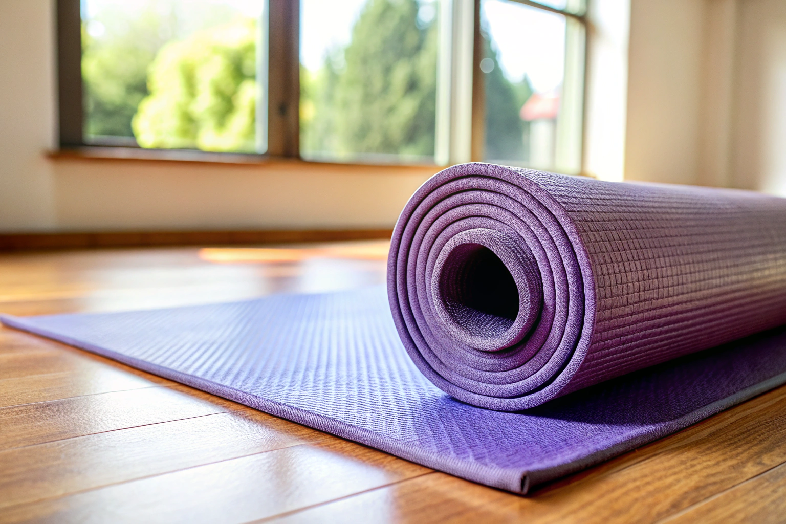 Eine detaillierte Nahaufnahme einer hochwertigen Yoga-Matte mit einer strukturierten Oberfläche, die in einem neutralen, hellen Raum liegt, um Material und Textur zu zeigen, ohne Wörter oder Symbole