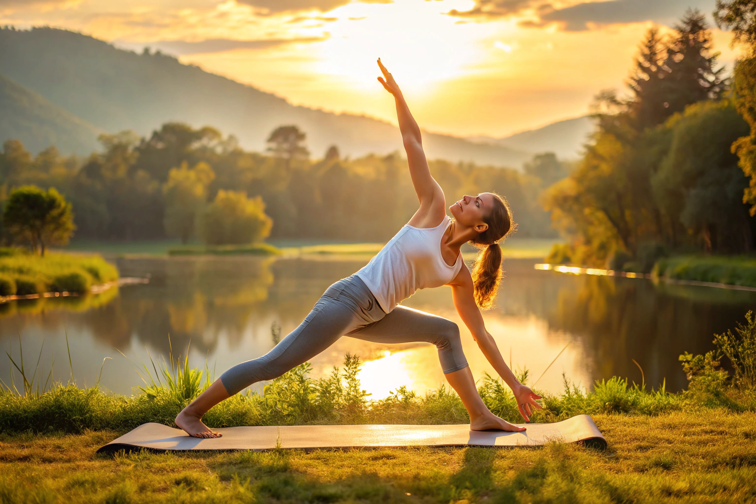 A person performing a dynamic Vinyasa flow yoga pose on a mat in a peaceful, natural setting with soft lighting
