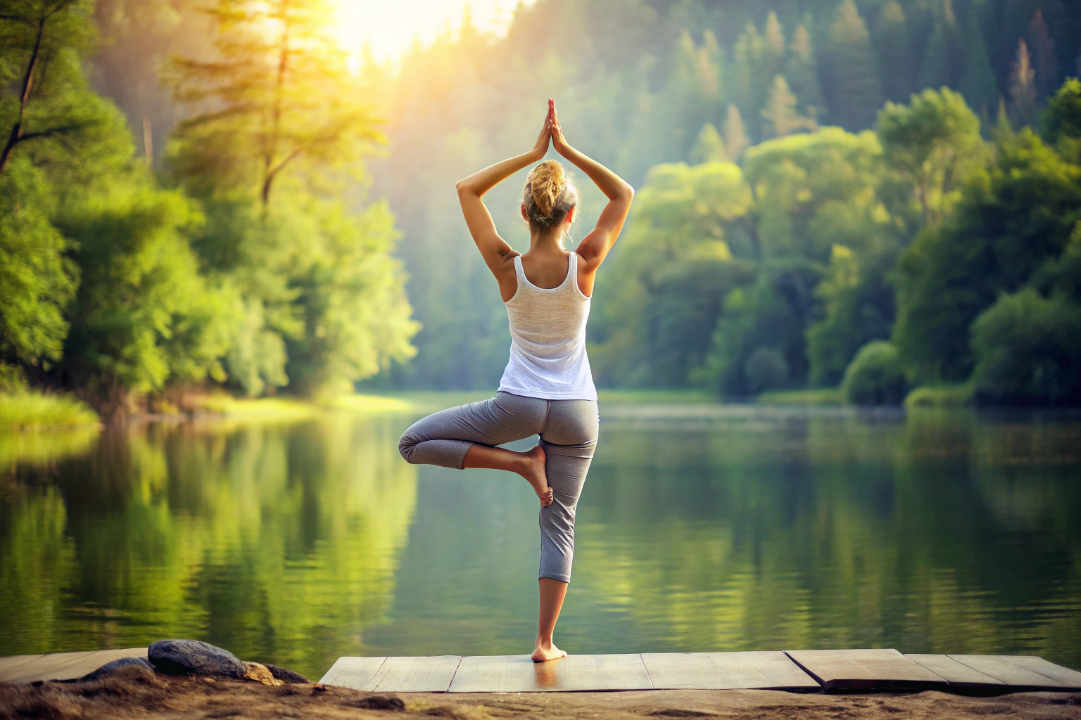 A person performing a yoga pose in a tranquil environment, showcasing balance and serenity without any text or identifiable symbols