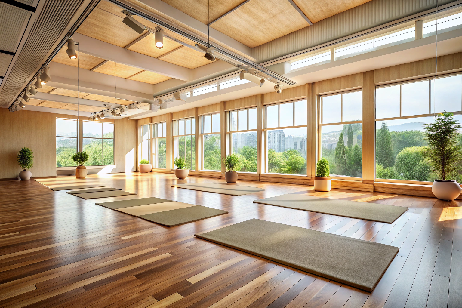 A peaceful yoga studio with wooden floors, soft lighting from large windows, and neatly arranged yoga mats in neutral colors, creating a calm and inviting atmosphere