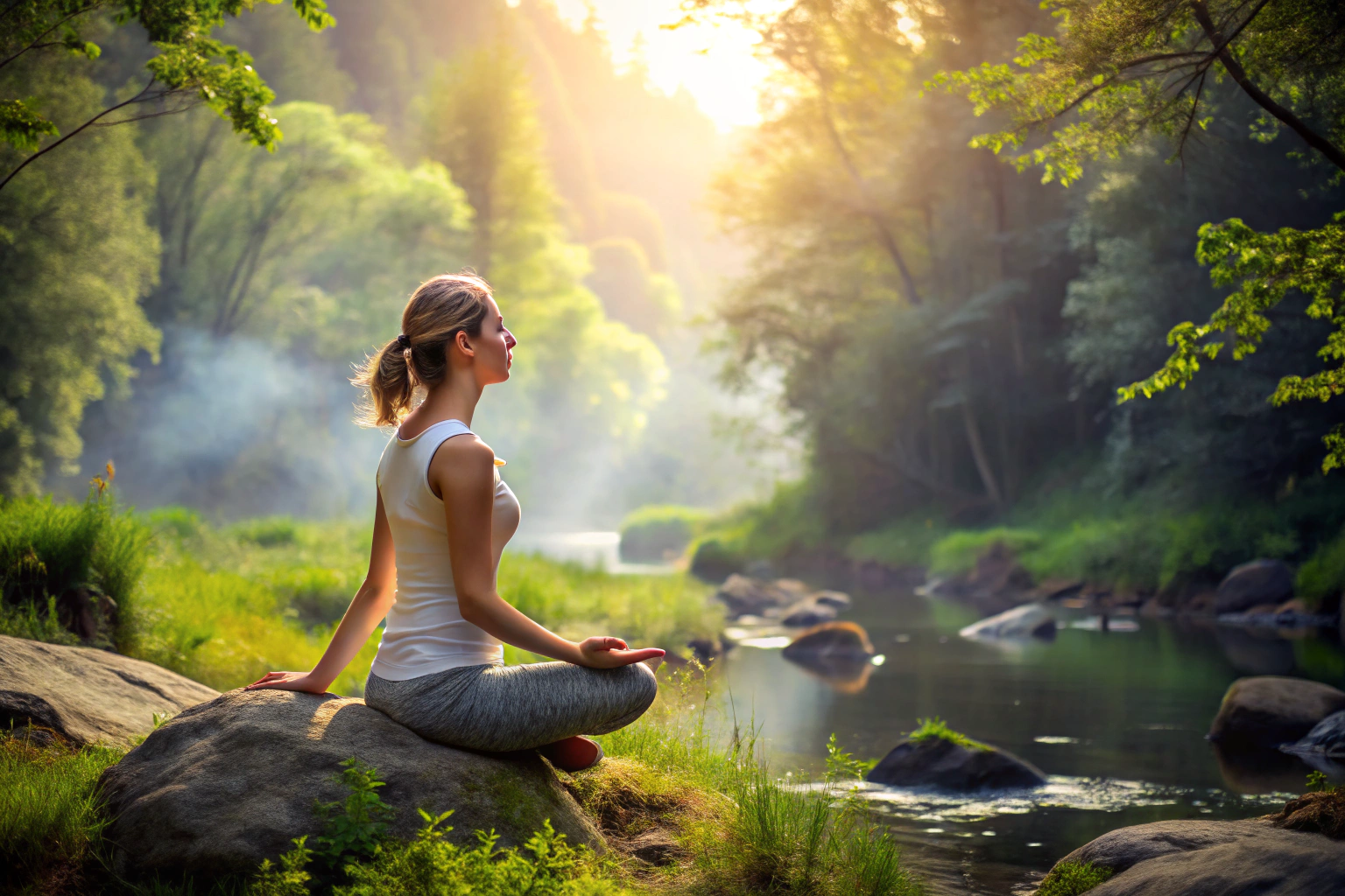 Eine Person in einer meditativen Sitzposition, die tief und bewusst atmet, umgeben von einer ruhigen, natürlichen Umgebung ohne erkennbare Symbole oder Text
