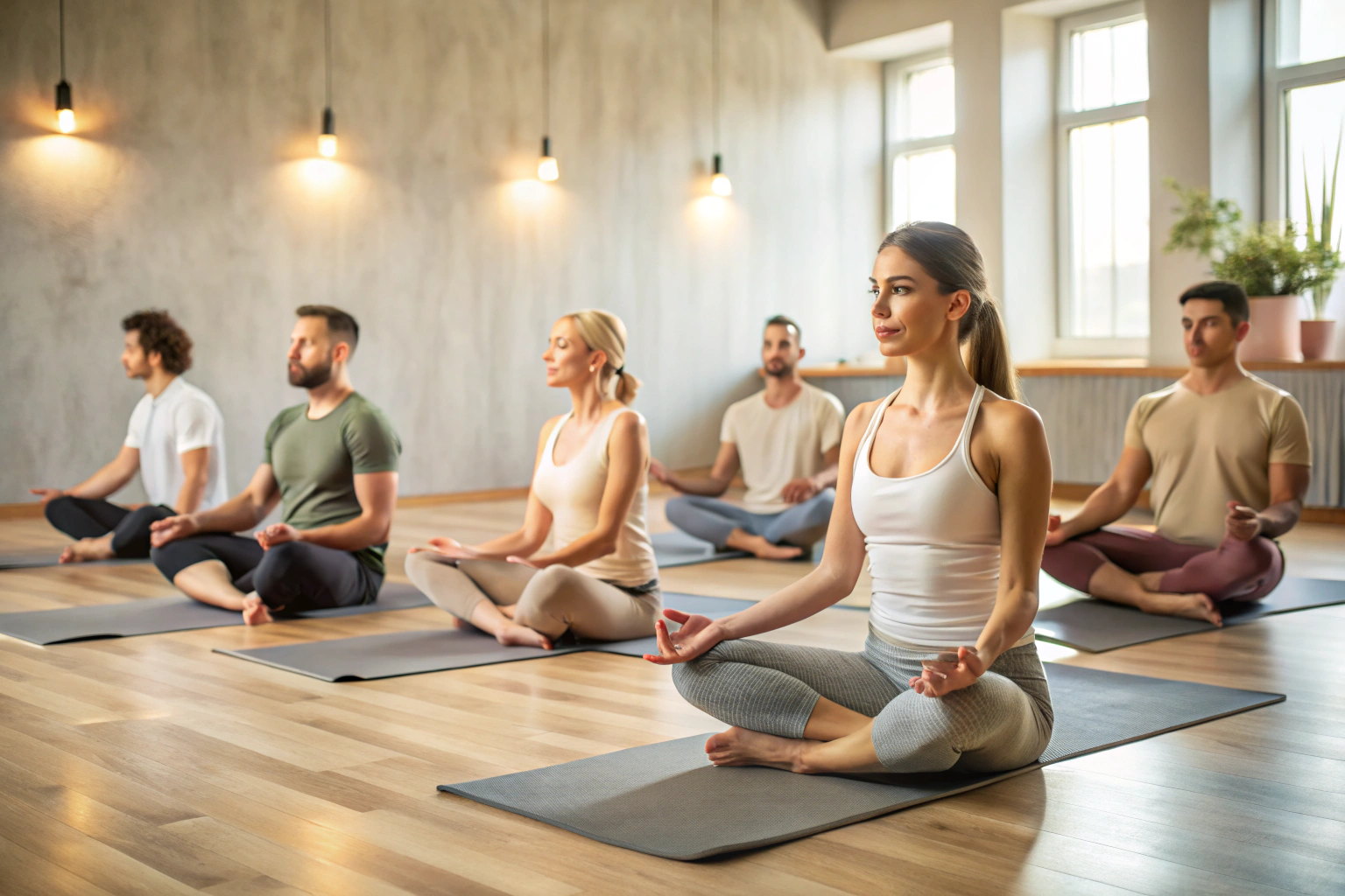 Eine ruhige Yoga-Klasse mit Teilnehmern in verschiedenen Posen auf Matten, im Hintergrund sanftes Licht und neutrale Wände, ohne erkennbare Symbole oder Text