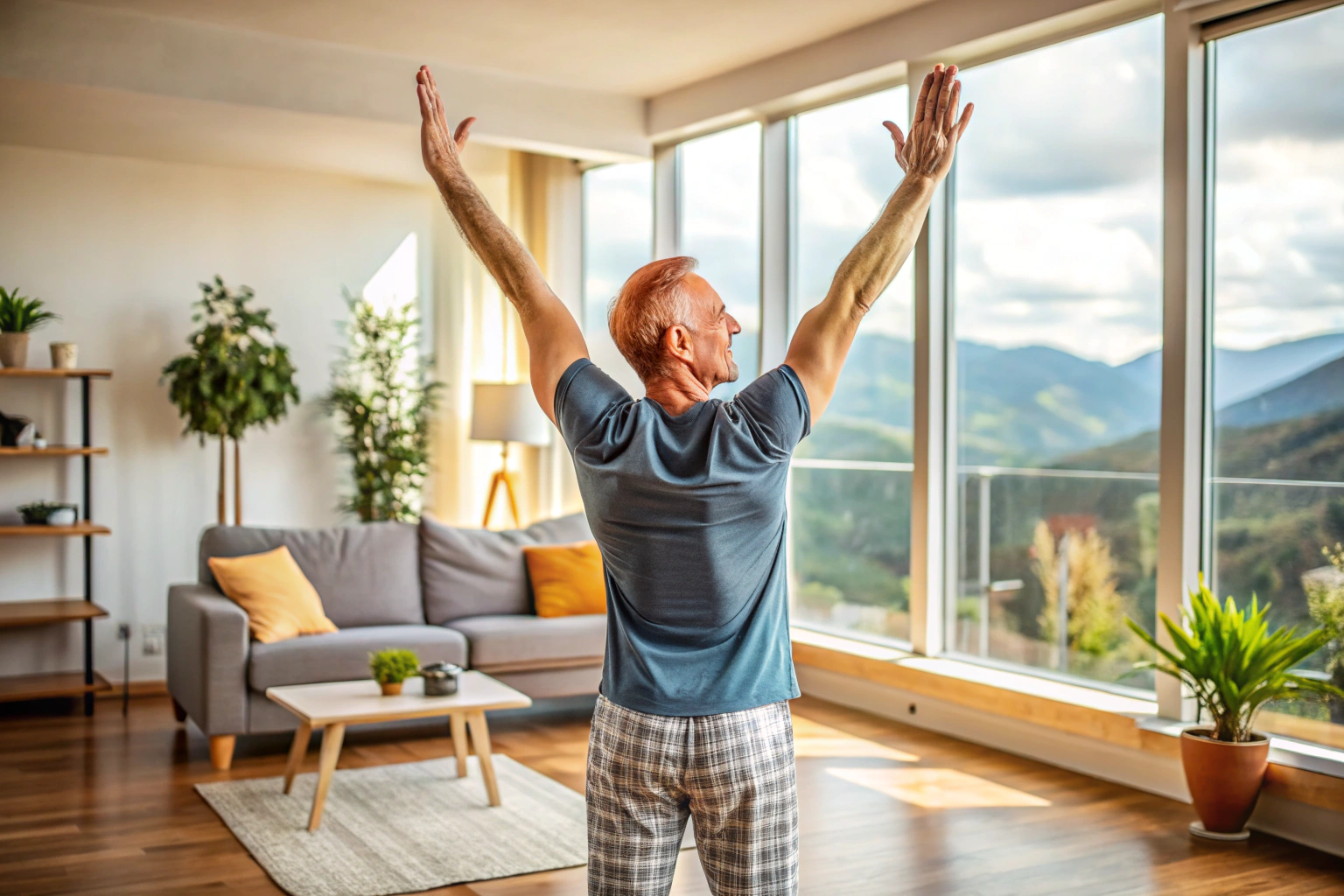 A person in a comfortable home setting performing the Mountain Pose with arms raised, showing calm and focus, no text or branding visible