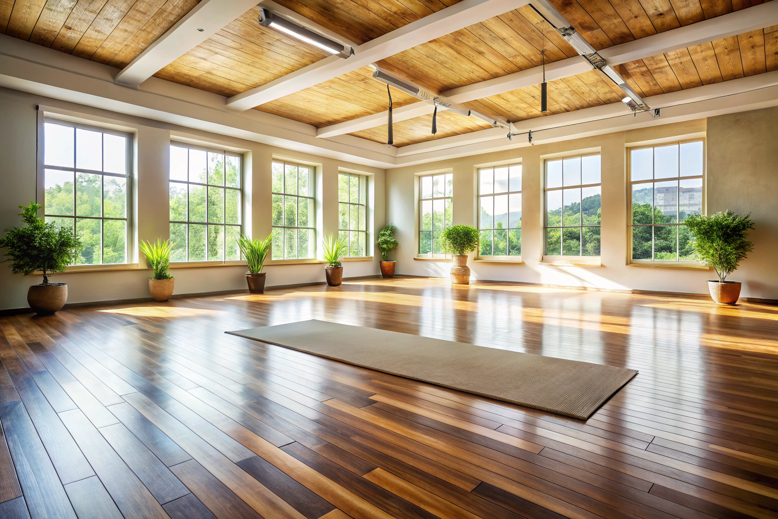 Ein ruhiger, leerer Yogaraum mit Holzboden, natürlichem Licht und einer Matte in der Mitte, die Einfachheit und Stille symbolisiert